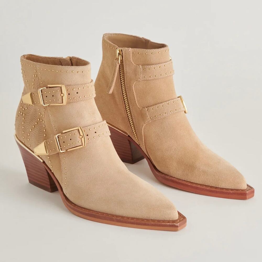 Dolce Vita Ronnie Camel Suede Studded Buckle Western Ankle Booties Size 8